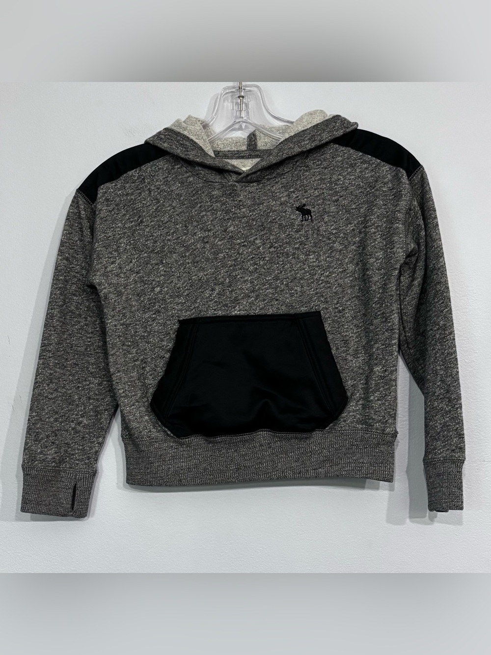 Abercrombie Kids Boys Heather Grey Black Hoodie Satin Kangaroo Pouch Size 7/8